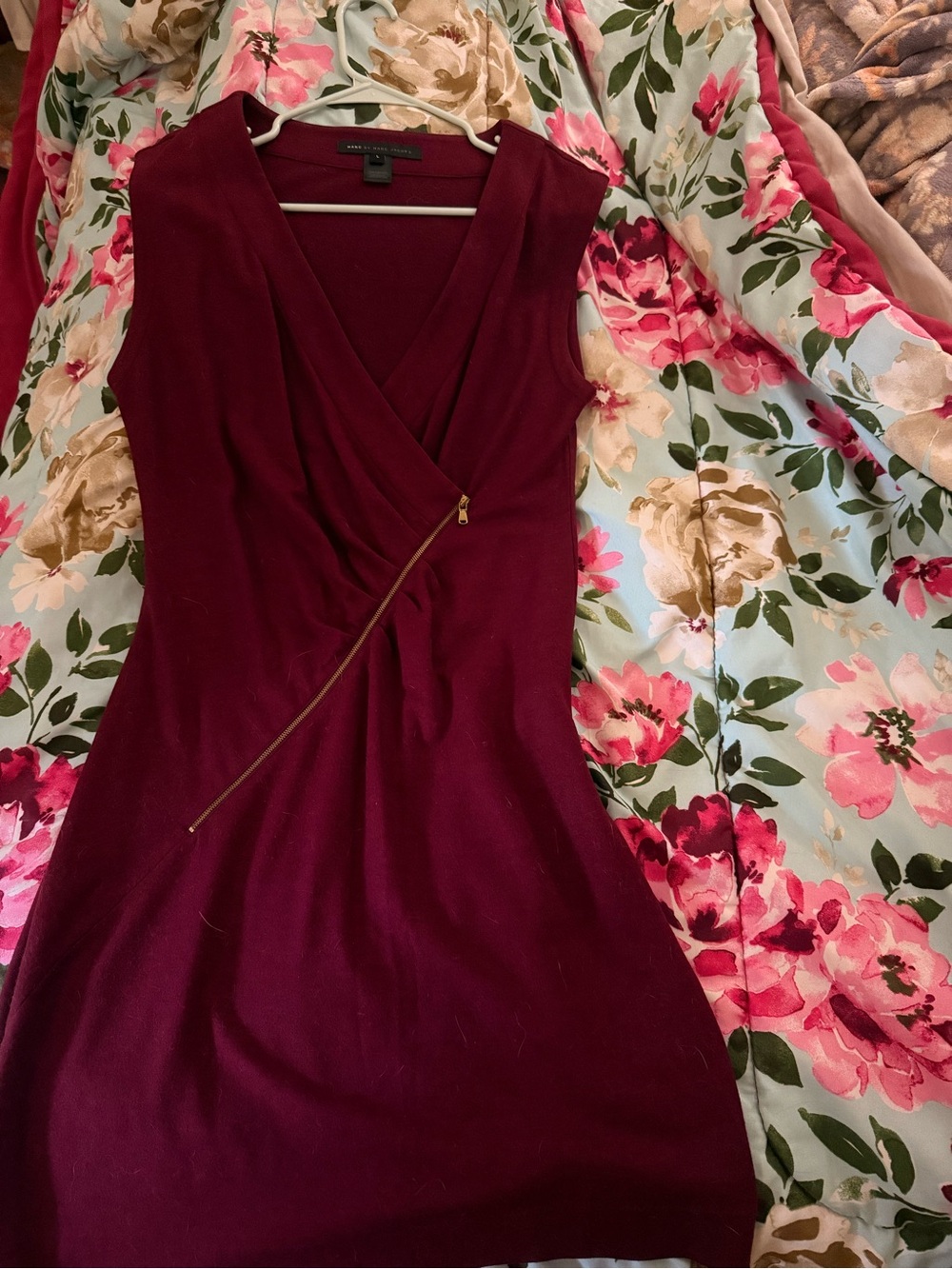 Marc by Marc Jacobs Sleeveless Faux-Wrap Mini Dress in Burgundy with Gold Zip